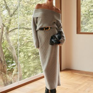 Ribbed Off-Shoulder Sweater Co-ords Without Belt