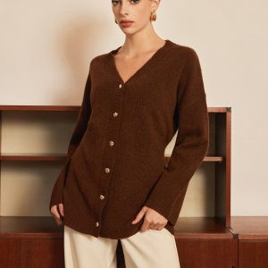 Wool-Blend Metal-Button Belted Cardigan