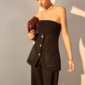 Metal Button Pockets Slit Tube Top