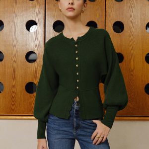 Leg-Of Mutton Sleeve Wave Trim Knit Top