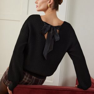 Ribbed V-Neck Bow Sweater