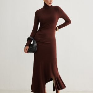 Turtleneck Irregular Pleated Long Dress