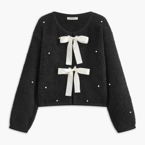 Beaded Decor Bow Knit Top