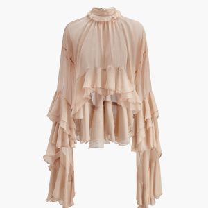 Sheer Turtleneck Ruffle Chiffon Blouse