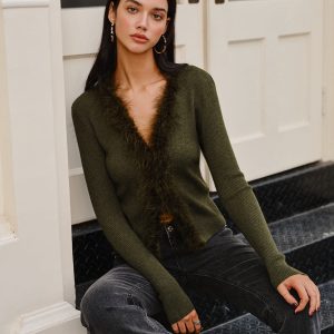 Feather Trim Wool-Blend Slim Sweater
