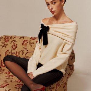 Velvet-Bow Off-Shoulder Ruched Sweater