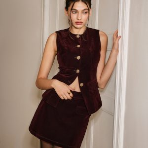 Metal-Button Velvet Cinched Vest