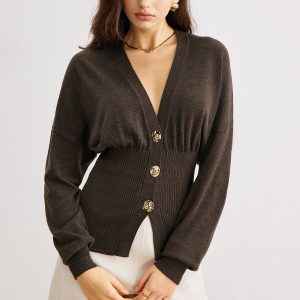Wool-Blend Cinched Button Knit Outerwear