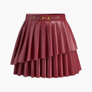 High-Waist Metal-Detail Asymmetrical Pleated Skirt