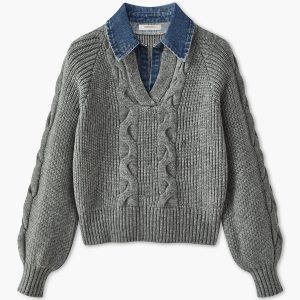 Denim Panel Ribbed Lapel Sweater