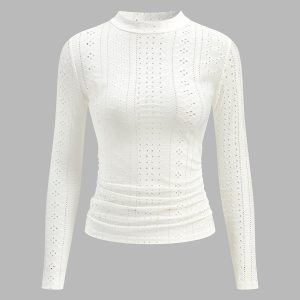 Semi-Sheer Stand Collar Side-Pleated Skinny Top