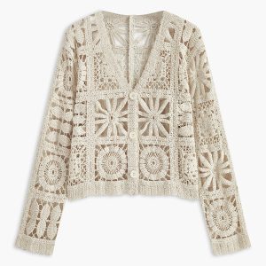 Crochet Square Pattern Button-Front Cardigan