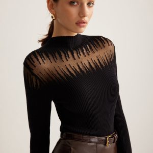 Mock Neck Sheer Panel Knit Top
