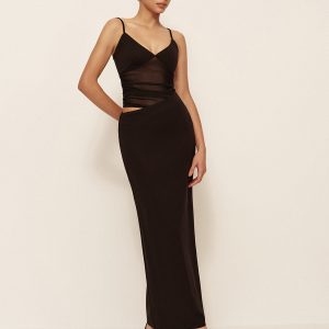 Semi-Sheer Low V-Neck Asymmetrical Ruched Dress
