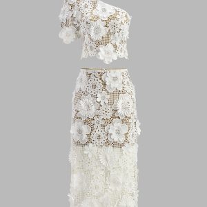 Asymmetrical Floral Lace Top Skirt Set