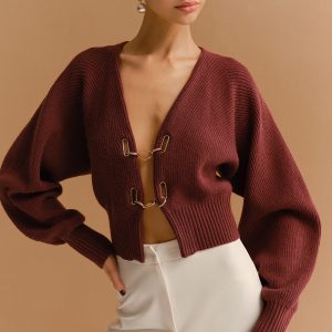 Leg-Of-Mutton Sleeve Metal-Detail Short Cardigan