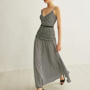 Shirred V-Neck Sleeveless Pleated Dress