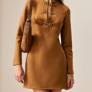 Suede Effect Metal-Detail Short Dress