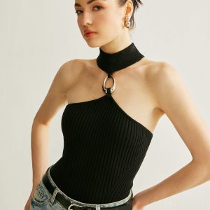 Ring Detail Ribbed Halter Top