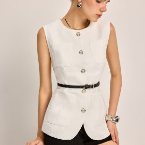 Button-Front Pockets Textured Vest Without Belt
