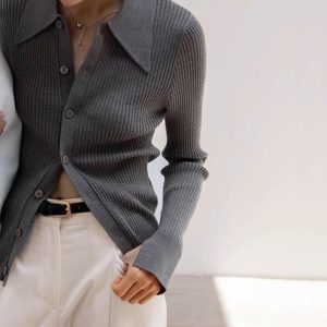 Ribbed Lapel Slim Cardigan