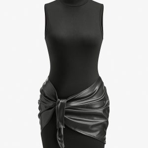 Stand Collar Faux Leather Ruched Panel Dress