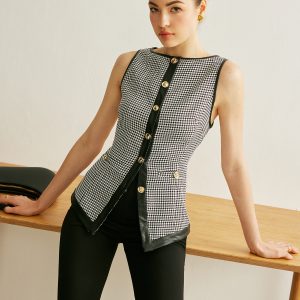 Houndstooth Button Contrast Trim Vest