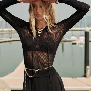 Lace-Up Front Sheer Long Sleeve Sweater