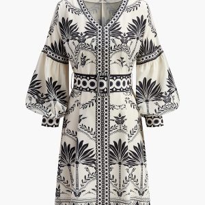 Boho Print V-Neck Belted Dress