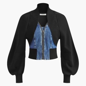 Puff-Sleeve Denim Panel Slim Jacket