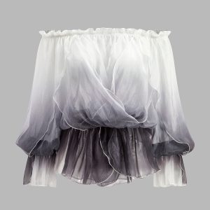 Semi-Sheer Gradient Floral Off-Shoulder Chiffon Top