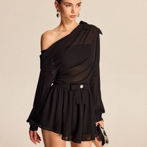 Semi-Sheer Chiffon One-Shoulder Bow Detail Skirt Set