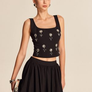 Floral Crystal Back Zipper Top