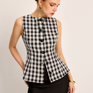 Plaid Button Back Tie Top