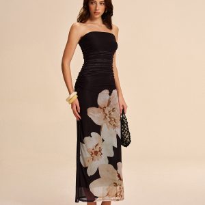 Semi-Sheer Strapless Ruched Floral Mesh Dress