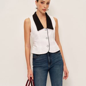Contrast Collar Button-Up Vest With Back Bow