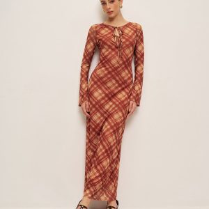 Plaid Tie-Front Long Sleeve Dress