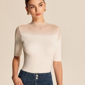 Sheer Ribbed Mock Neck Top