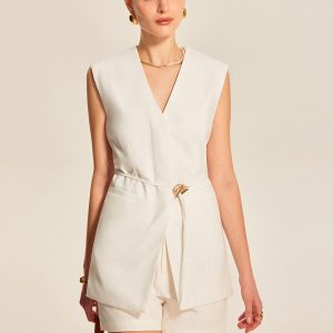 Belted V-Neck Sleeveless Vest