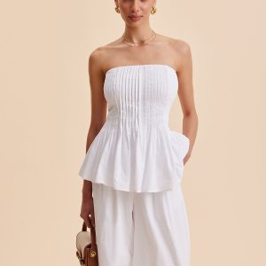 Cotton Pleated Strapless Peplum Top