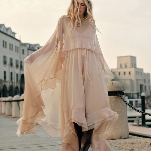 Semi-Sheer Chiffon Layered Dress With Cloak