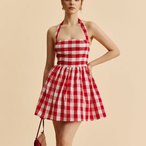 Plaid Halter Flare Dress