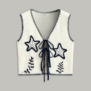 Embroidered Knit Tie-Front Vest