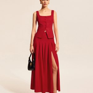 Cotton & Linen Pleated Slit Skirt