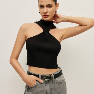 Ribbed Cross Halter Knit Top