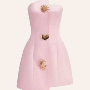 Satin Asymmetrical Embellished Strapless Dress
