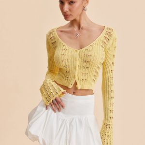 Bell Sleeve Crochet Knit Cardigan