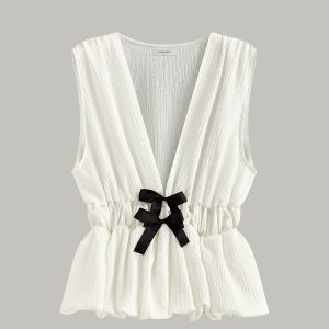 V-Neck Gathered Waist Bow-Detail Top