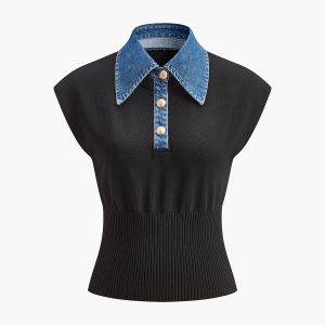 Denim Collar Ribbed Knit Top