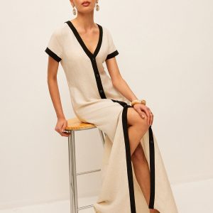 Cotton & Linen High-Slit Contrast Trim Dress